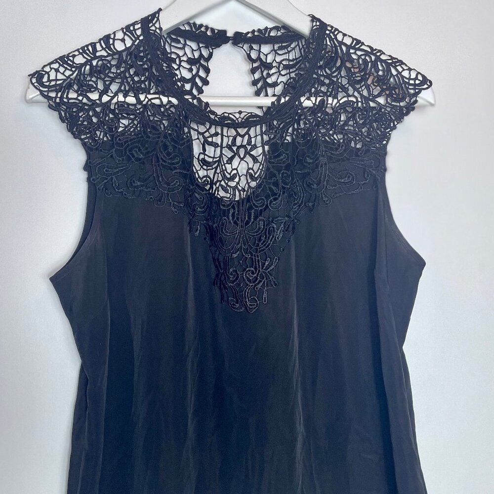 GUESS Women's Satin Lace-Detail Gauzy Crochet Top Black XL